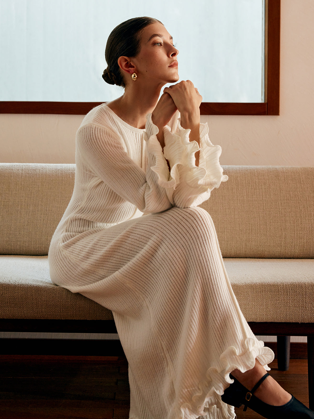 Jade - Semi-Sheer Piping Ruffle Drawstring Knit Dress