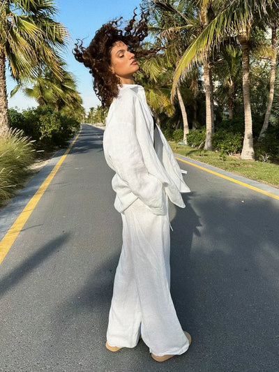 Women Casual Brown Cotton Linen Shirt Pants Suit Fashion Single Breasted Blouses Elastic Waist Pant Set 2025 Spring Loose Outfit