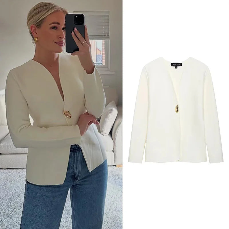 TF.MLN Women Elegant Knitted Cardigan Single Button Women V-neck Long  Sleeve Sweaters 2025 Spring New Female Solid Streetwear