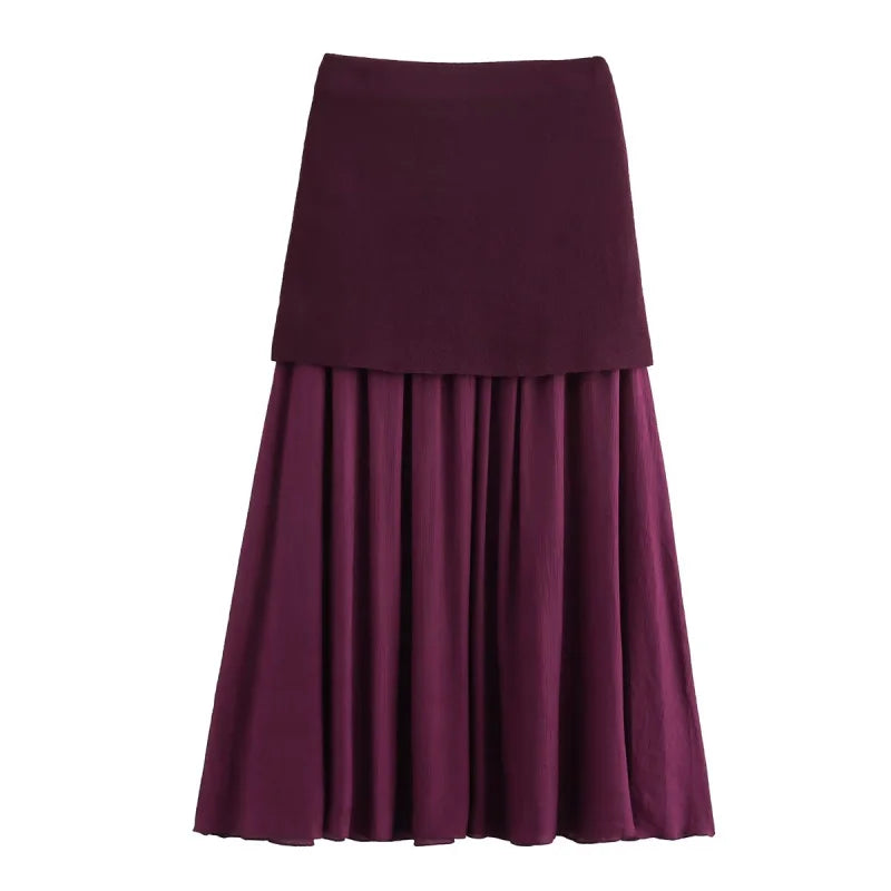 ETJ 2025 spring new TRAF women's elegant fashion same color splicing small pleated hem high waist knit skirt