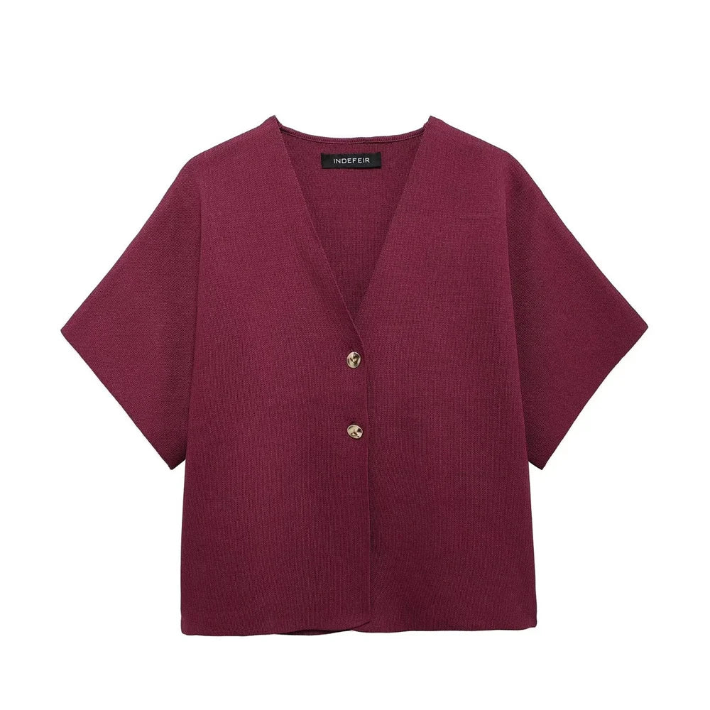 Dames Elegante V-Hals Single Breasted Gebreid Vest Dames Trui Korte Mouw Losse Cropped Vest Herfst Bovenkleding Dames