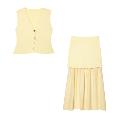 TRAFZA Women 2 Piece Set V-Neck Sleeveless Button Knitted Vest Top+Elegant Splicing High Waist Zipper Long Skirts Holiday Suits