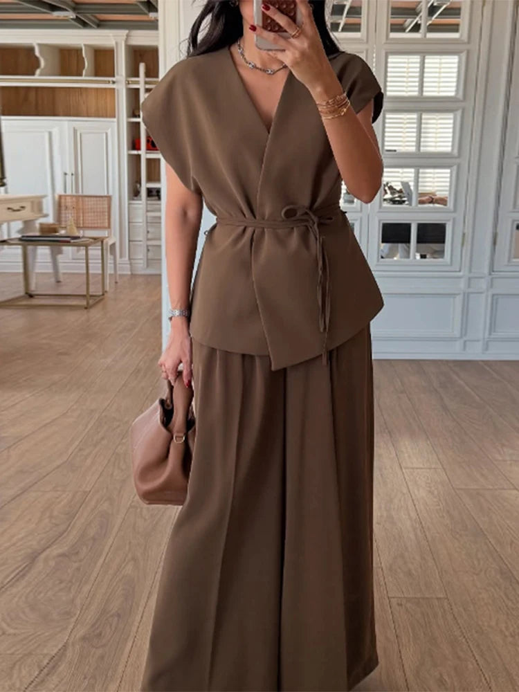 Lace Up Irregular Top Pants Suits Women Elegant V-neck Short Sleeve Belt Slim Tops High Waist Wide Leg Trousers Chic Ladies Sets