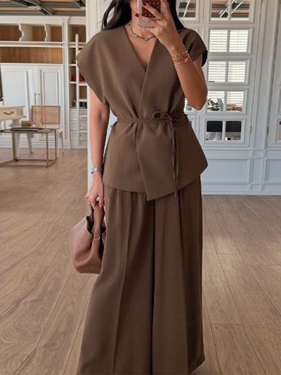 Lace Up Irregular Top Pants Suits Women Elegant V-neck Short Sleeve Belt Slim Tops High Waist Wide Leg Trousers Chic Ladies Sets