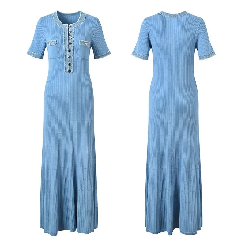Slimming Knitted Dress Denim Patchwork Short Sleeve Maxi Skirt Design Brand Sense Long Dress Ankle Length Empire Waist