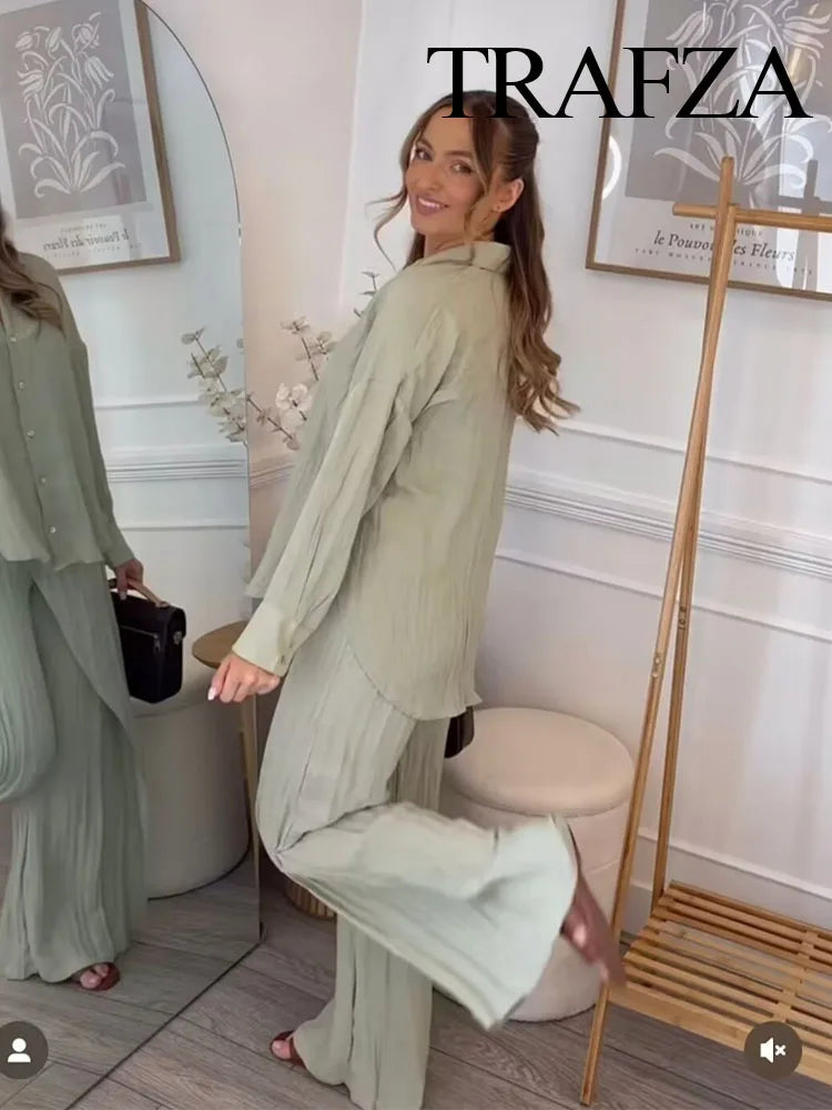 TRAFZA Fashion Wrinkle Effect Women's Casual Shirt 2-piece Set Wrap Style Hidden Button Trousers Women's Street Casual Pants