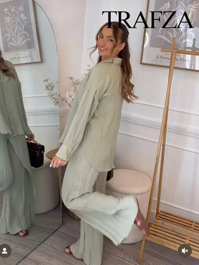 TRAFZA Fashion Wrinkle Effect Women's Casual Shirt 2-piece Set Wrap Style Hidden Button Trousers Women's Street Casual Pants