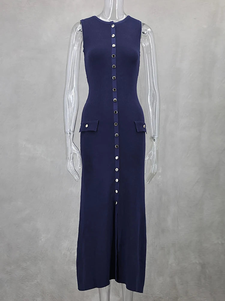 JULISSA MO Knitted Sexy High Slit Button Women Maxi Dress Apricot Sleeveless Round Neck Dress Winter Skinny Elegant Party Dress