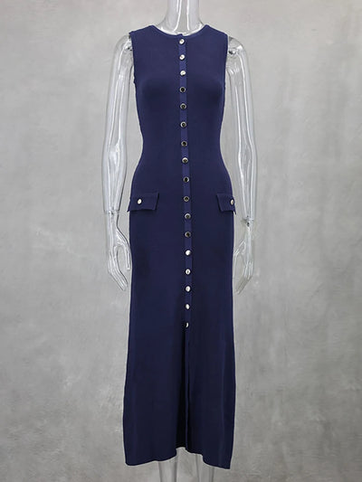 JULISSA MO Knitted Sexy High Slit Button Women Maxi Dress Apricot Sleeveless Round Neck Dress Winter Skinny Elegant Party Dress