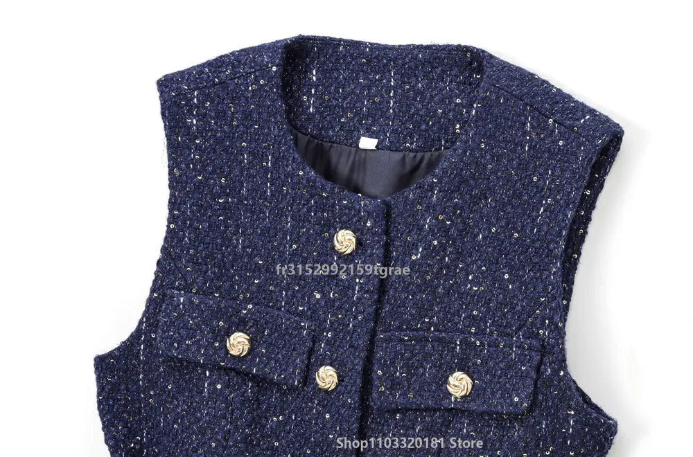 Women's Tweed Waistcoat with Belt, O Neck, Sleeveless, Front Button, Female Outerwear, Chic Tops, Fashion