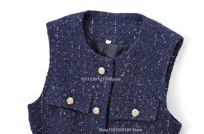 Women's Tweed Waistcoat with Belt, O Neck, Sleeveless, Front Button, Female Outerwear, Chic Tops, Fashion