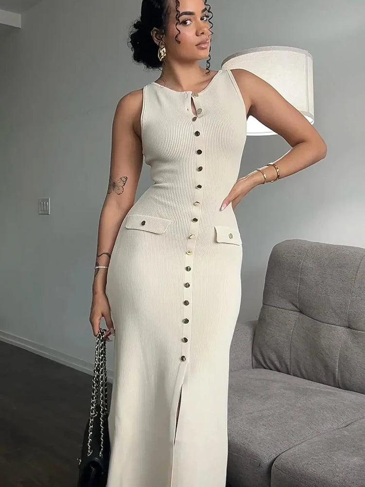 JULISSA MO Knitted Sexy High Slit Button Women Maxi Dress Apricot Sleeveless Round Neck Dress Winter Skinny Elegant Party Dress