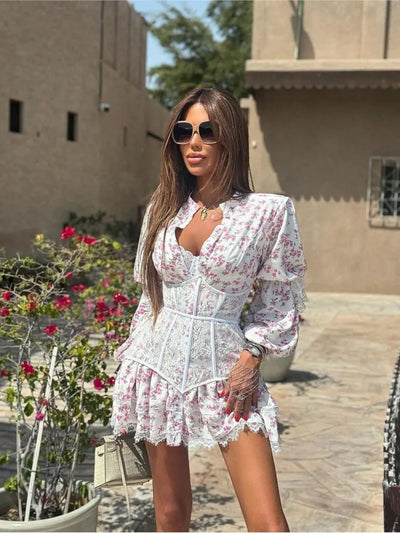 Elegant Long-sleeved Waist Dress For Ladies Spring Summer Sweet Floral Printing Lace Spliced short Party Dresses Female 2025