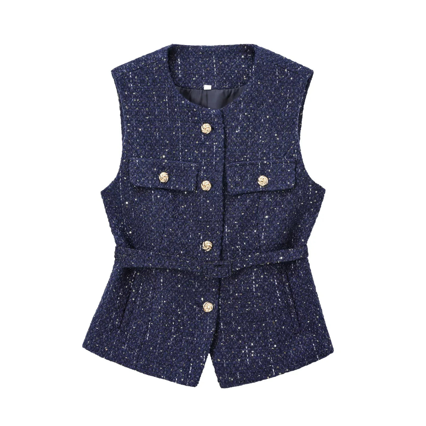 Women Sequin Vests With Belt O-neck Sleeveless Tops Solid Color Chic Coats Summer Female Button Waistcoat Elegant Streetwear