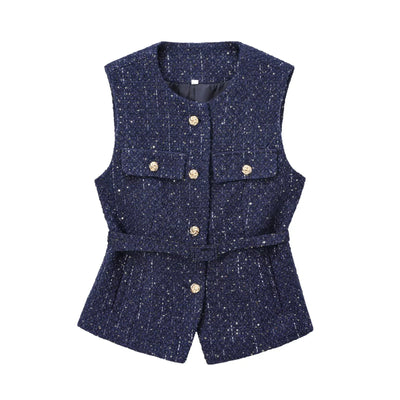Women Sequin Vests With Belt O-neck Sleeveless Tops Solid Color Chic Coats Summer Female Button Waistcoat Elegant Streetwear