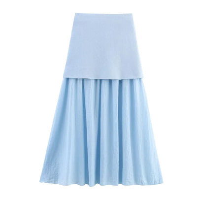 ETJ 2025 spring new TRAF women's elegant fashion same color splicing small pleated hem high waist knit skirt