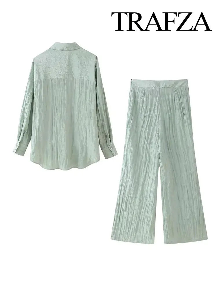 TRAFZA Fashion Wrinkle Effect Women's Casual Shirt 2-piece Set Wrap Style Hidden Button Trousers Women's Street Casual Pants