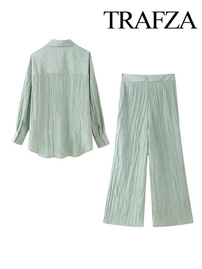 TRAFZA Fashion Wrinkle Effect Women's Casual Shirt 2-piece Set Wrap Style Hidden Button Trousers Women's Street Casual Pants