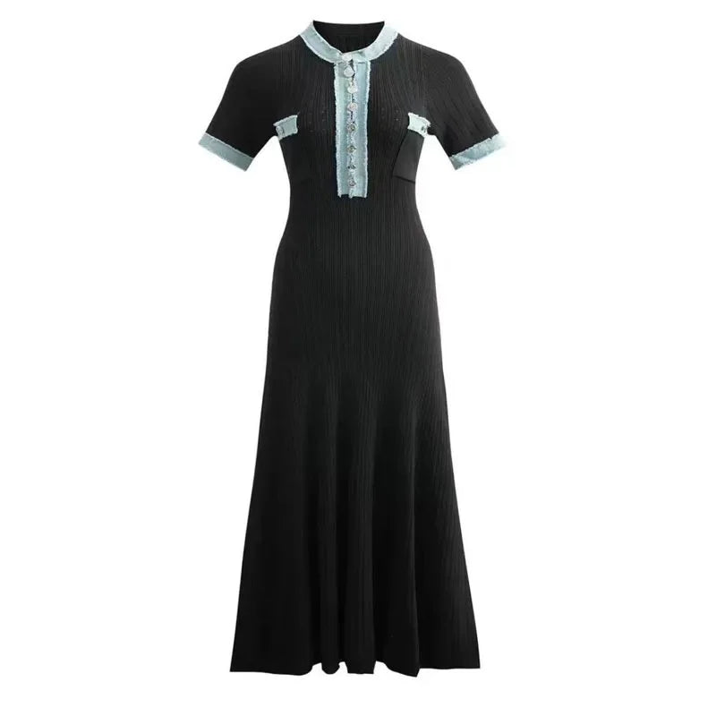 Slimming Knitted Dress Denim Patchwork Short Sleeve Maxi Skirt Design Brand Sense Long Dress Ankle Length Empire Waist