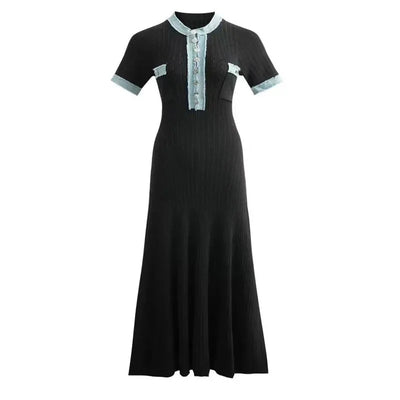 Slimming Knitted Dress Denim Patchwork Short Sleeve Maxi Skirt Design Brand Sense Long Dress Ankle Length Empire Waist