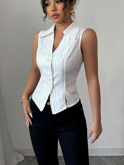 Summer minimalist striped shirt sleeveless slim fit women's thin outer top fashionable shirt