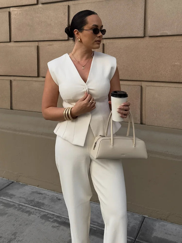Elegant Solid Vest Trouser Suits Women Sleeveless Button V-Neck Vests Straight Wide Leg Pants Lady 2025 Fashion Office Set