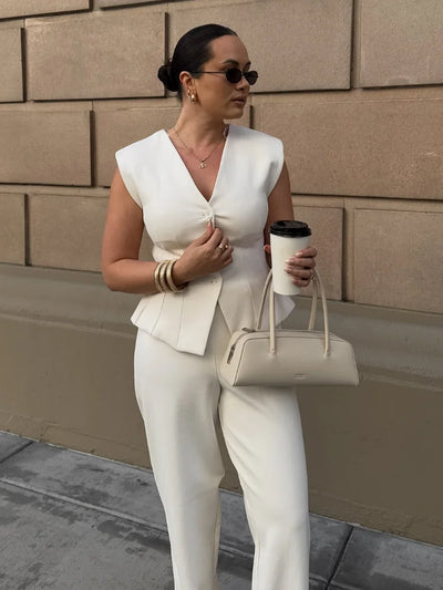 Elegant Solid Vest Trouser Suits Women Sleeveless Button V-Neck Vests Straight Wide Leg Pants Lady 2025 Fashion Office Set