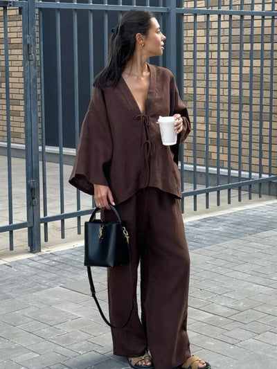 Women Casual Brown Cotton Linen Shirt Pants Suit Fashion Single Breasted Blouses Elastic Waist Pant Set 2025 Spring Loose Outfit