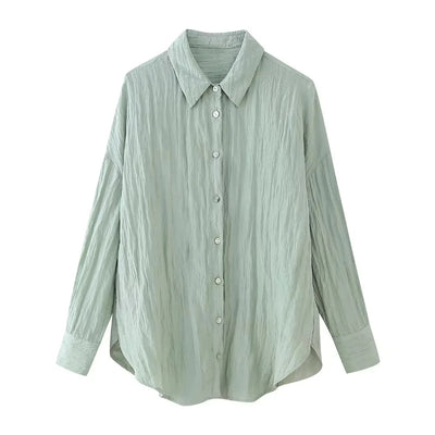 TRAFZA Fashion Wrinkle Effect Women's Casual Shirt 2-piece Set Wrap Style Hidden Button Trousers Women's Street Casual Pants