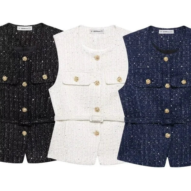 Women's Tweed Waistcoat with Belt, O Neck, Sleeveless, Front Button, Female Outerwear, Chic Tops, Fashion