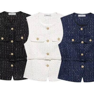 Women's Tweed Waistcoat with Belt, O Neck, Sleeveless, Front Button, Female Outerwear, Chic Tops, Fashion