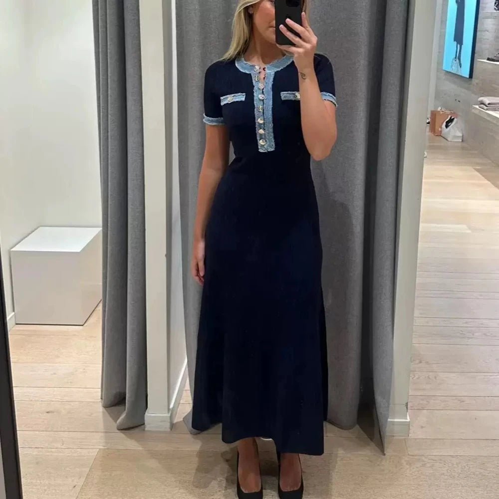 YuooMuoo Women Dress 2025 Spring Summer Denim O-neck Knitted Maxi Dress Elegant Office Lady Sweater Dress Brand Party Vestidos