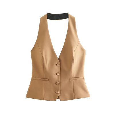 TRZA-Front Button Halter Neck Waistcoat For Women, Backless Sleeveless Vest, Female Outerwear, Chic Tops, Fashion