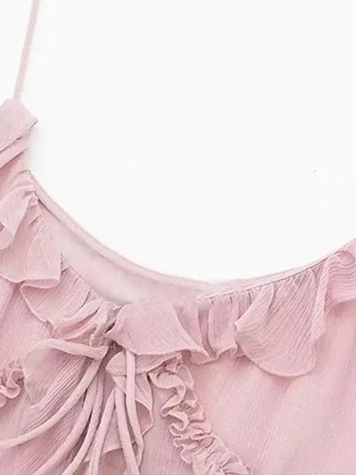 TRZA Women Fashion With Ruffled Front Tied Semi-sheer Tank Tops Sexy Backless Thin Straps Female Camis Mujer