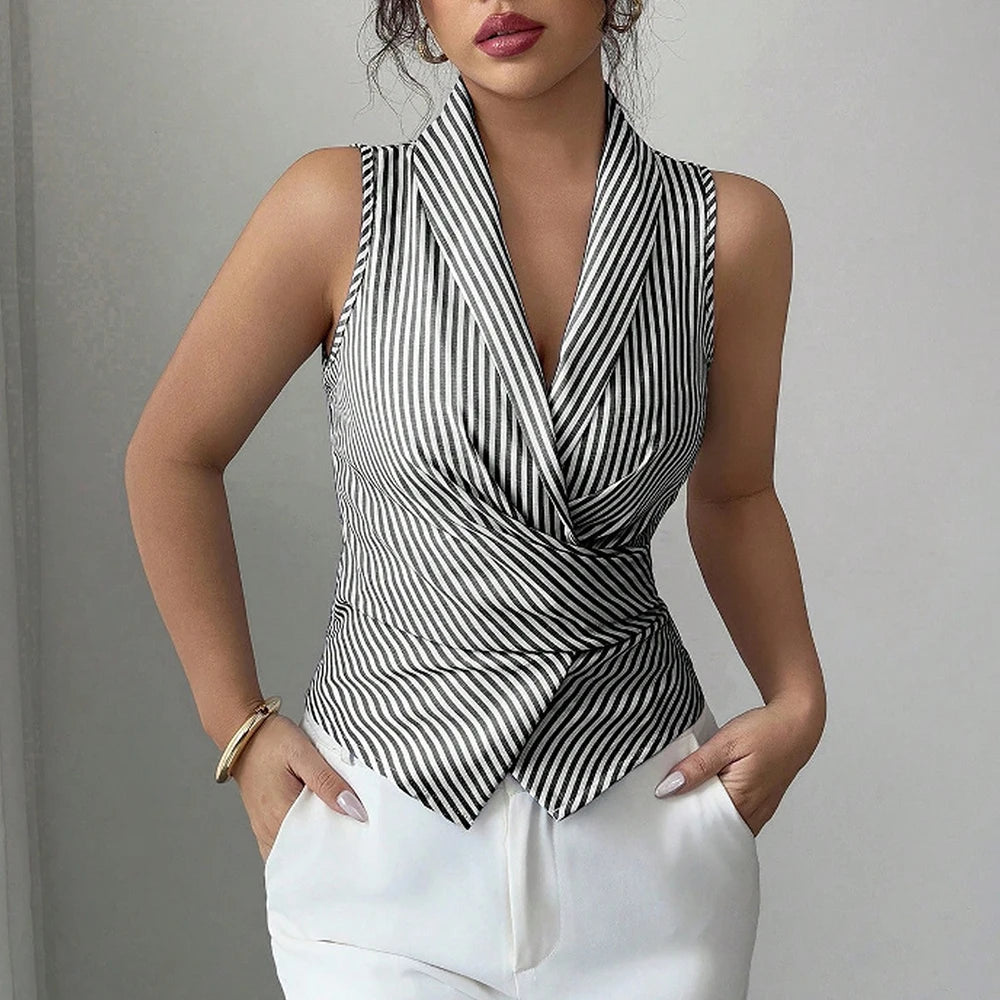 Mia Muse Shirts Lente Zomer Fitting Slanke Mode Strepen Gesmoorde Taille Mouwloze Revers Office Lady Shirts Voor Dames