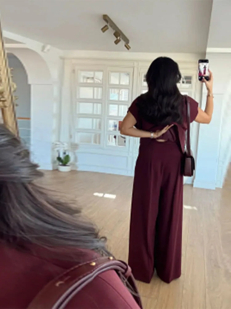 Lace Up Irregular Top Pants Suits Women Elegant V-neck Short Sleeve Belt Slim Tops High Waist Wide Leg Trousers Chic Ladies Sets