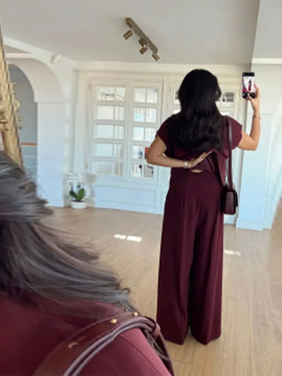 Lace Up Irregular Top Pants Suits Women Elegant V-neck Short Sleeve Belt Slim Tops High Waist Wide Leg Trousers Chic Ladies Sets