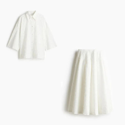 Elegant Shirt Skirt Set Women Lapel Long Sleeve Loose T-shirt High Waist Pleated Long Skirts Suits 2025 Summer Street Lady Sets