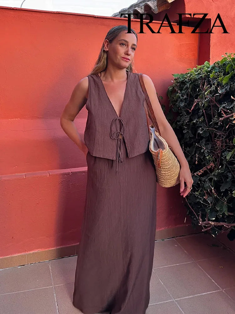 TRAFZA Damesstraatvest 2-delige set Chique V-hals Mouwloos Vetersluiting Getextureerd vest + Casual rokpak met hoge taille en trekkoord