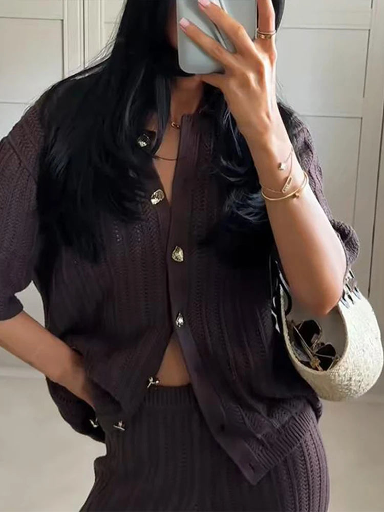 Vintage Knitted Loose Pants Set Women Brown Half Sleeve Lapel Single Breasted Cardigan Straight Trousers 2025 Fashion Solid Suit