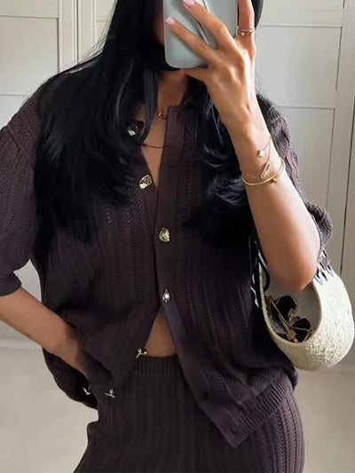 Vintage Knitted Loose Pants Set Women Brown Half Sleeve Lapel Single Breasted Cardigan Straight Trousers 2025 Fashion Solid Suit