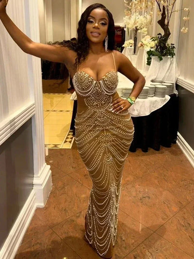 Nieuwe luxe sprankelende kristallen strass parel beroemdheden jurk bruine jurk vrouw riem avondfeest verjaardag prom bruiloft vestido