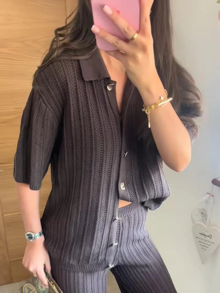 Vintage Knitted Loose Pants Set Women Brown Half Sleeve Lapel Single Breasted Cardigan Straight Trousers 2025 Fashion Solid Suit
