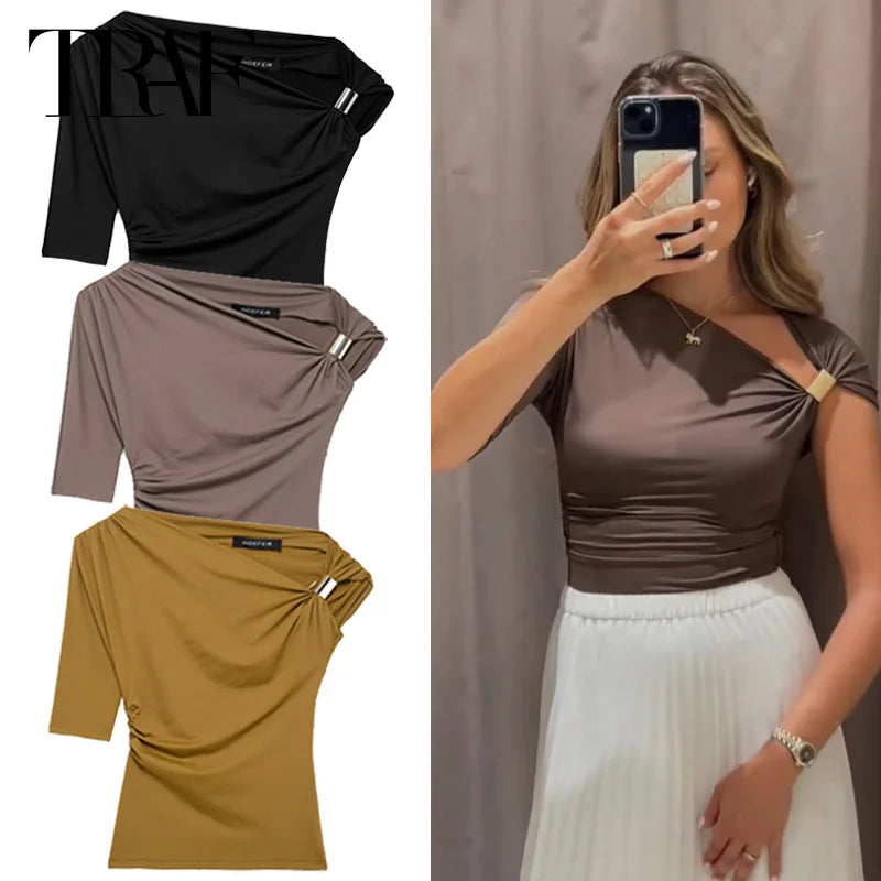 TRAF Asymmetrical Top Women Sexy Tanks & Camis Summer 2025 Yellow Black Tank Top Solid Tight Casual Tops Streetwear Y2k T-Shirt