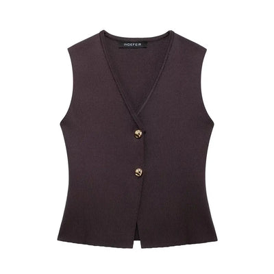 TRAFZA Women 2 Piece Set V-Neck Sleeveless Button Knitted Vest Top+Elegant Splicing High Waist Zipper Long Skirts Holiday Suits