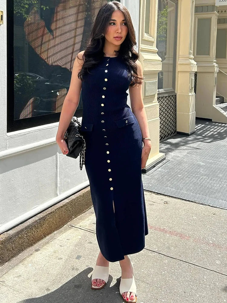 JULISSA MO Knitted Sexy High Slit Button Women Maxi Dress Apricot Sleeveless Round Neck Dress Winter Skinny Elegant Party Dress