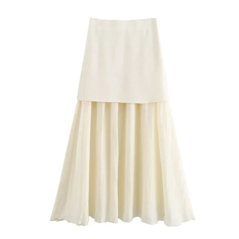 ETJ 2025 spring new TRAF women's elegant fashion same color splicing small pleated hem high waist knit skirt