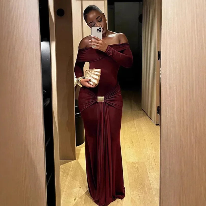 2024 Herfst/Winter Nieuwe Damesjurk Europese En Amerikaanse Stijl Elegante Off-Shoulder Effen Kleur Lange Mouwen Afslanken jurk Fo