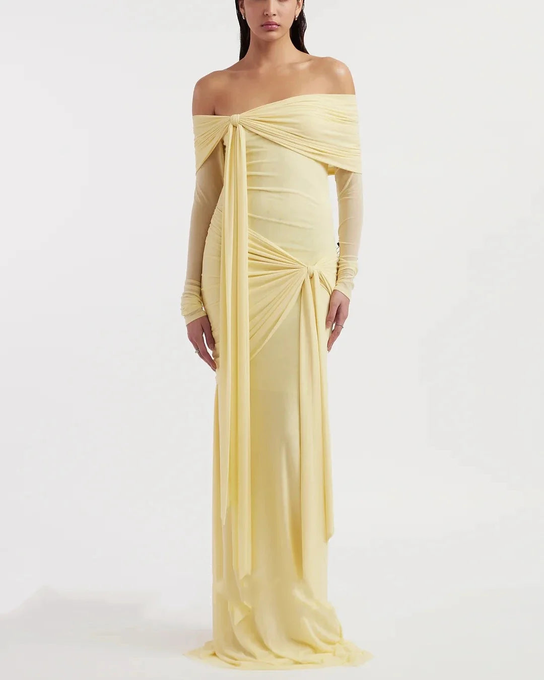 Meetlove Yellow Elegant Off-the-shoulder Formal Dresses Long Sleeves Floor Length Sheath Chiffon Customized Simple Prom Gowns