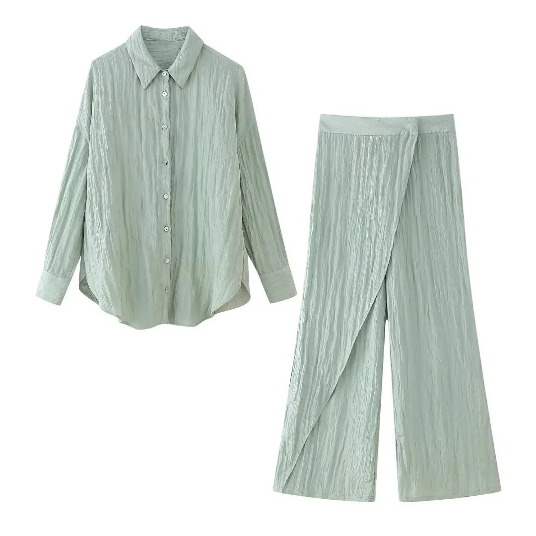 TRAFZA Fashion Wrinkle Effect Women's Casual Shirt 2-piece Set Wrap Style Hidden Button Trousers Women's Street Casual Pants